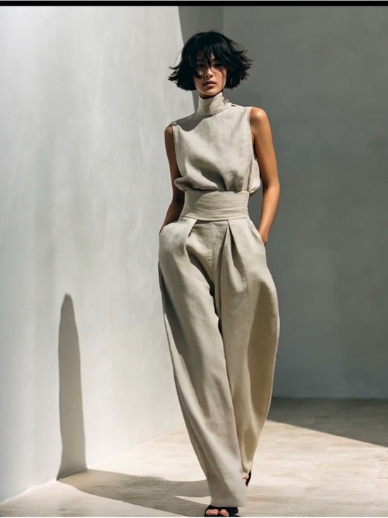 modesses Pants - High-Waist Wide-Leg Sleeveless Jumpsuit in Light Beige